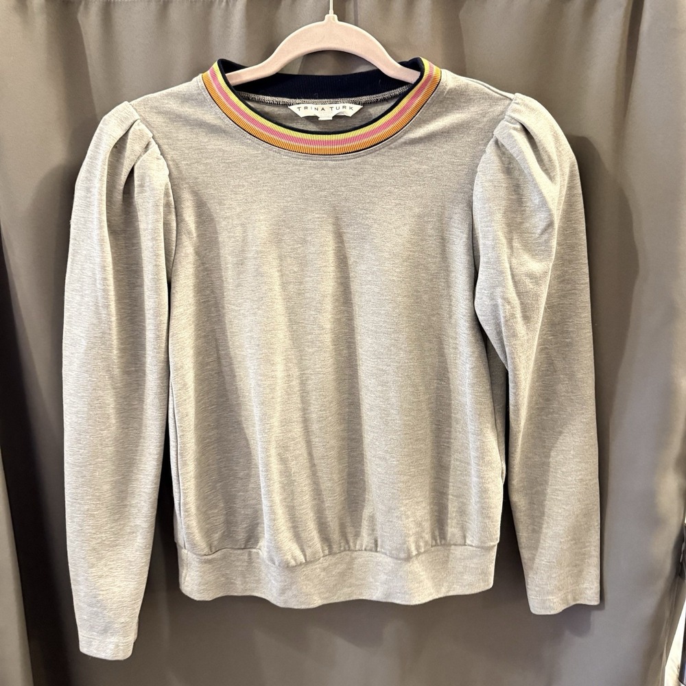 Trina Turk Puff Sleeve Sweatshirt Rainbow Collar Women's Sz XS Heather Gray